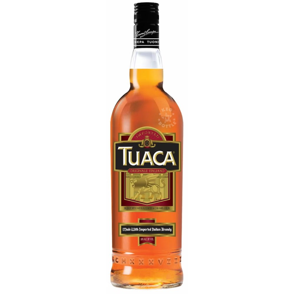 Tuaca Originale Italiano Brandy 1 liter bottle with amber color and gold label design