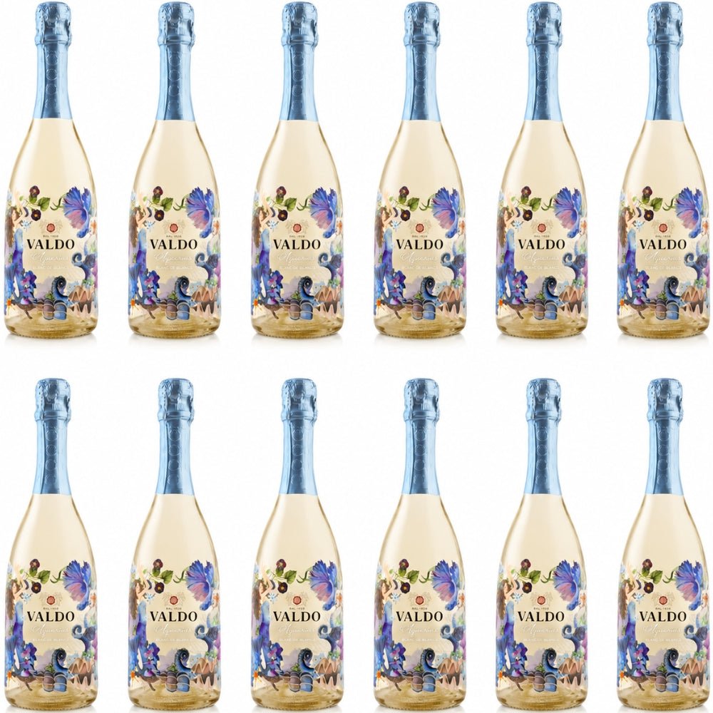 Valdo Aquarius Blanc de Blancs Extra Dry Italian sparkling wine 750mL bottle with decorative floral design. 12 Pack