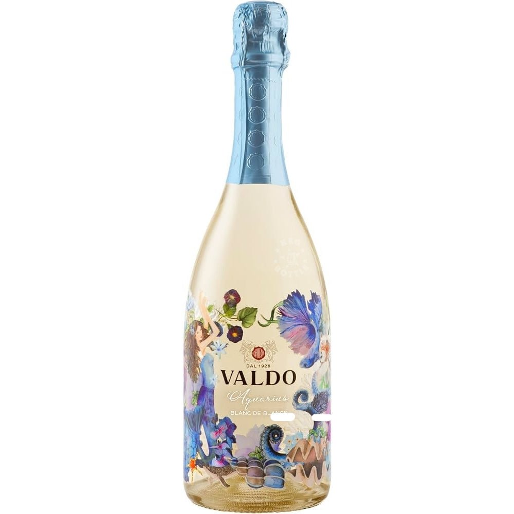 Valdo Aquarius Blanc de Blancs Extra Dry Italian sparkling wine 750mL bottle with decorative floral design.