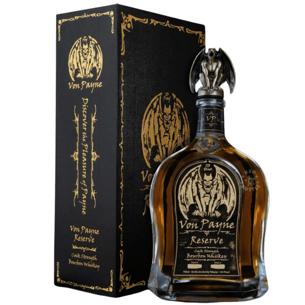 Von Payne Reserve Cask Strength Bourbon Whiskey 750mL bottle with black and gold label and signature gargoyle pour-spout topper.