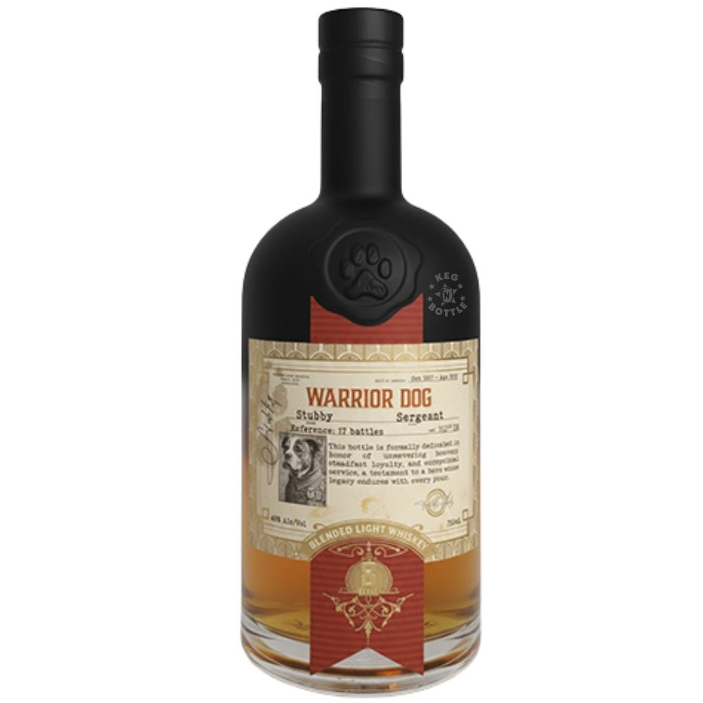 Warrior Dog Stubby Sergeant Blended Light Whiskey 750ml bottle with paw emblem and vintage label