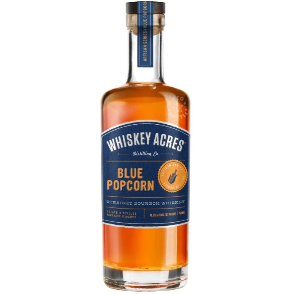 Whiskey Acres Blue Popcorn Bourbon 750ml bottle with rich amber color