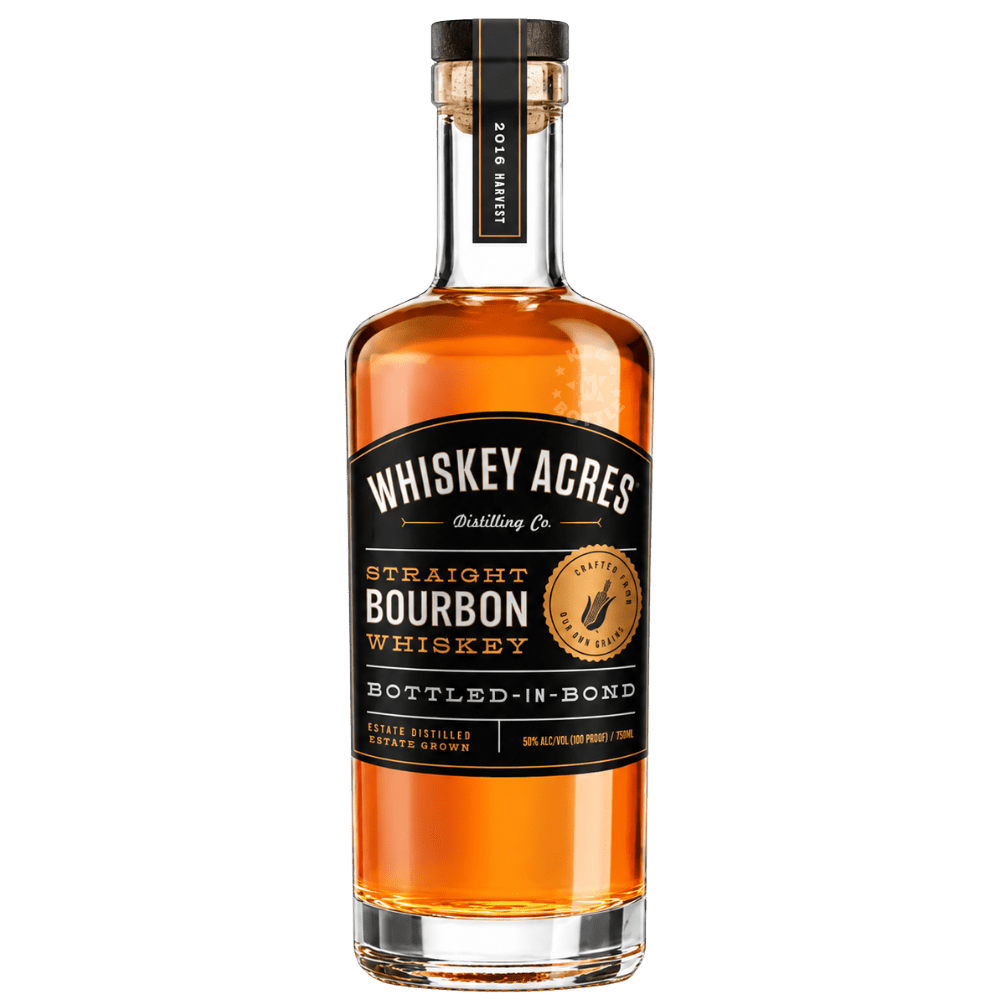 Whiskey Acres Bottled in Bond Straight Bourbon Whiskey 750mL bottle featuring amber bourbon, a black and gold label, and 100-proof branding.