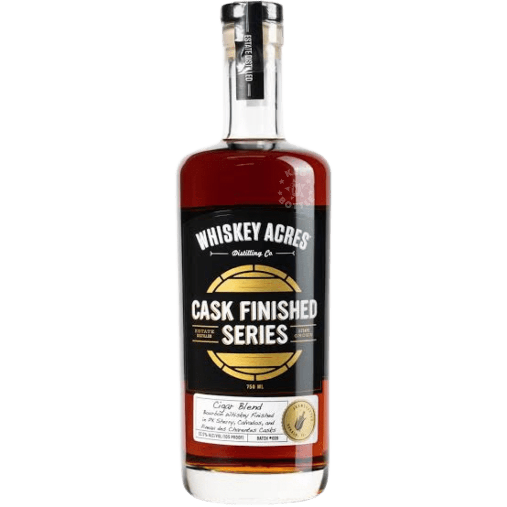 Whiskey Acres Cigar Blend Cask Finished Bourbon Whiskey 750mL bottle featuring deep amber whiskey, a black and gold Cask Finished Series label, and Cigar Blend designation.