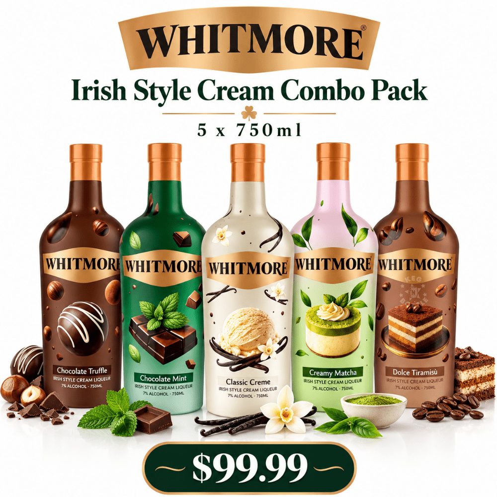 Whitmore Irish Style Cream Liqueur 5-bottle 750mL combo pack featuring Chocolate Mint, Classic Crème, Chocolate Truffle, Creamy Matcha and Dolce Tiramisu. 2