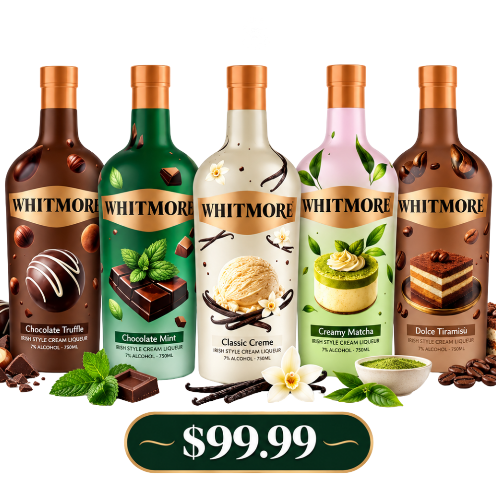 Whitmore Irish Style Cream Liqueur 5-bottle 750mL combo pack featuring Chocolate Mint, Classic Crème, Chocolate Truffle, Creamy Matcha and Dolce Tiramisu.