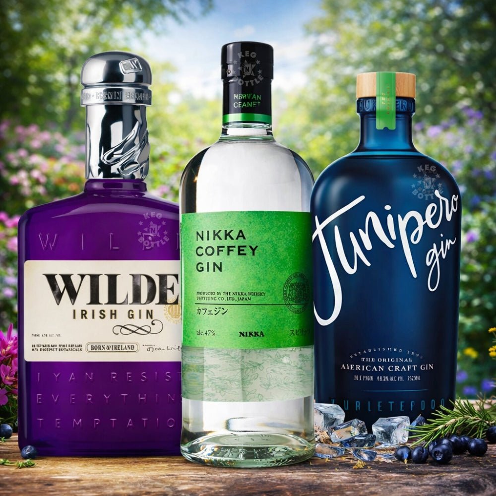 Wilde Irish Gin, Nikka Coffey Gin, and Junipero Gin 750ml bottles combo pack displayed together 2