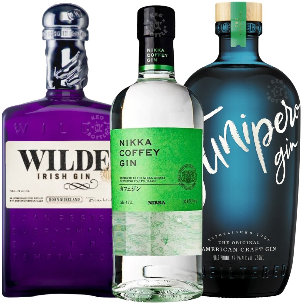 Wilde Irish Gin, Nikka Coffey Gin, and Junipero Gin 750ml bottles combo pack displayed together