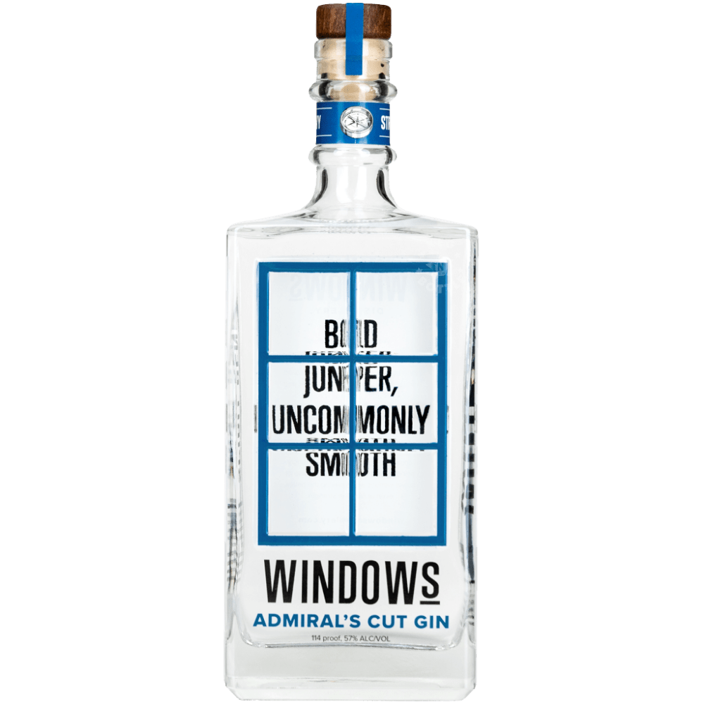 Windows Distillery Admiral's Cut Gin 750mL clear glass bottle with blue and white label, bold typography, and natural cork stopper.