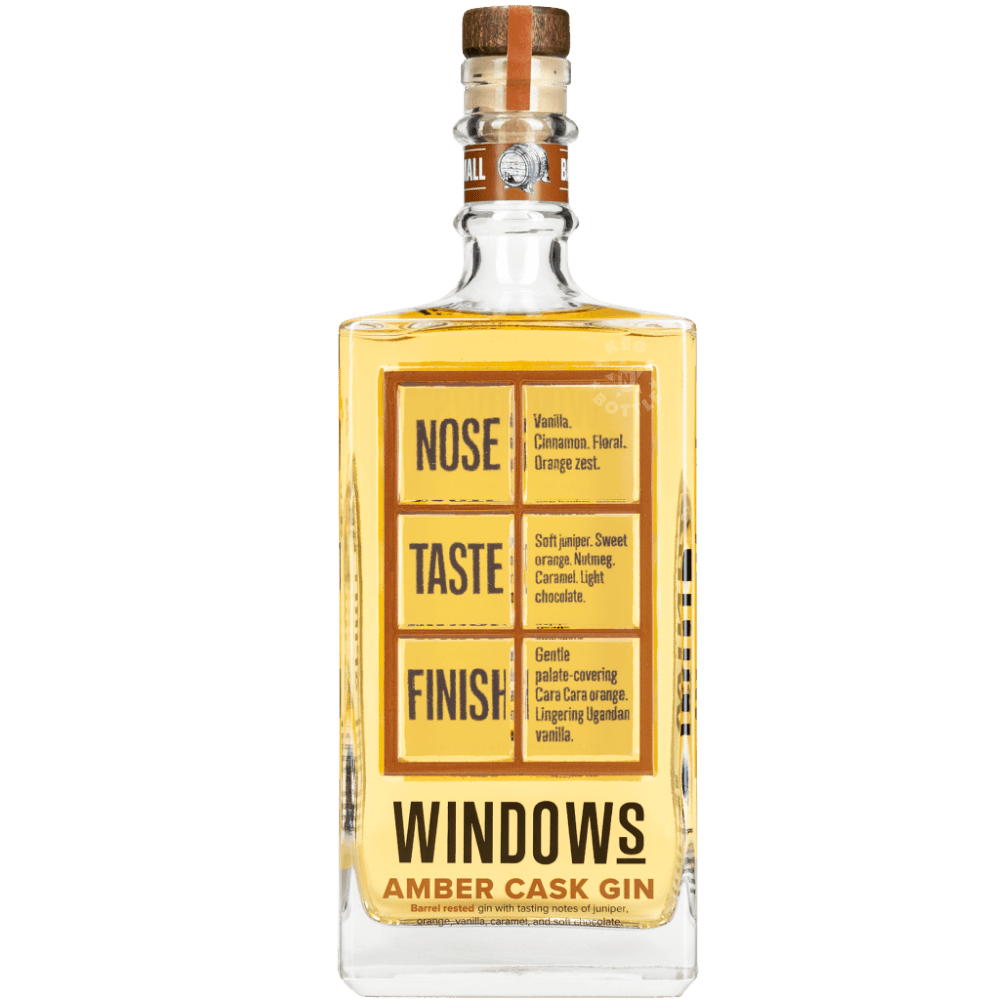 Windows Distillery Amber Cask Gin 750mL bottle featuring golden amber spirit, a yellow and brown tasting notes label, black Windows branding, and a natural cork stopper.