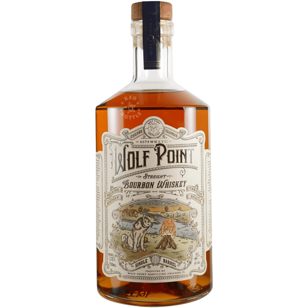 Wolf Point Small Batch Straight Bourbon Whiskey 750mL bottle featuring amber bourbon, a wooden cap, and an illustrated vintage-style Wolf Point label.