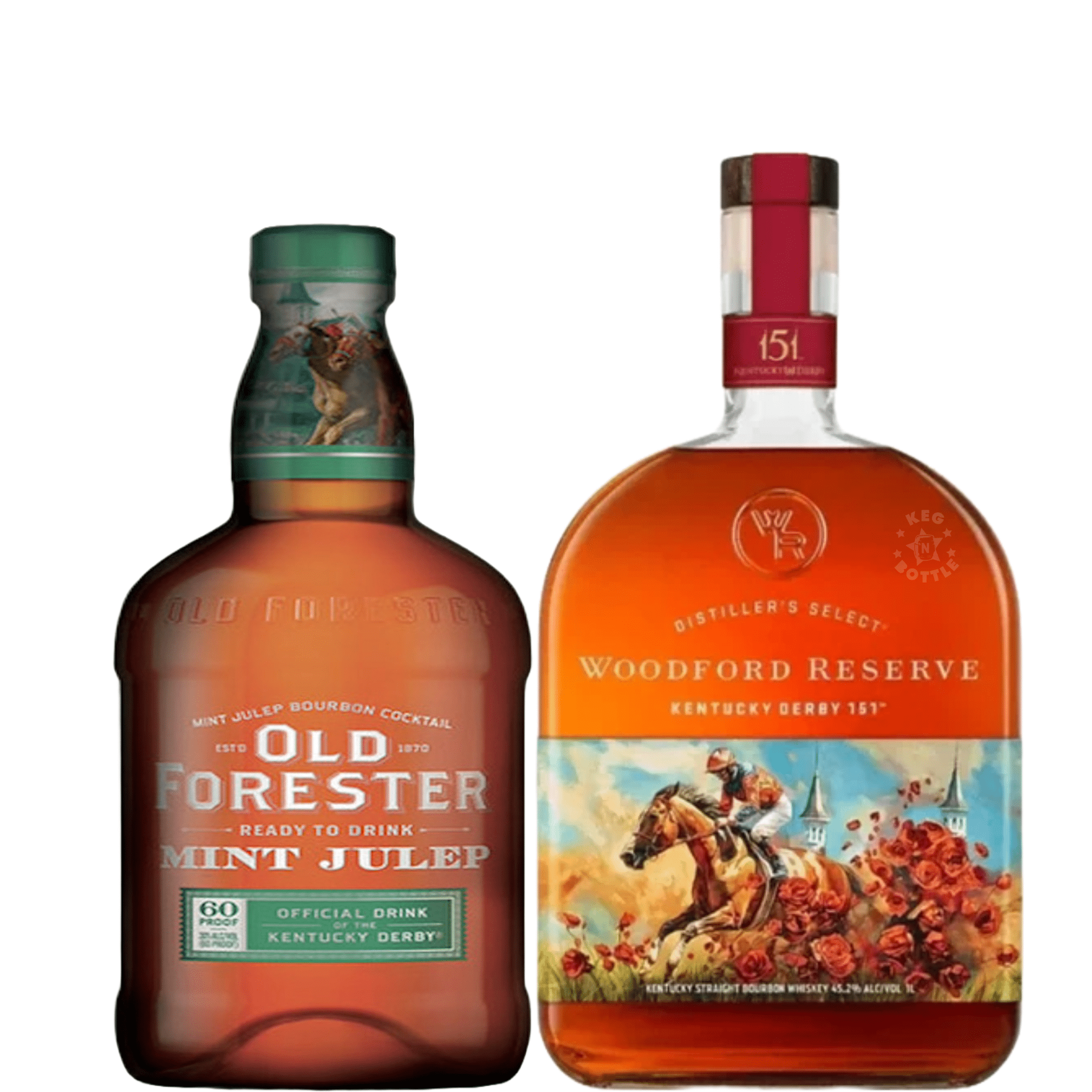 Woodford Reserve 151st Kentucky Derby Bourbon Whiskey and Old Forester Mint Julep Ready To Drink Whiskey Combo Pack (2x1L) - Keg N Bottle