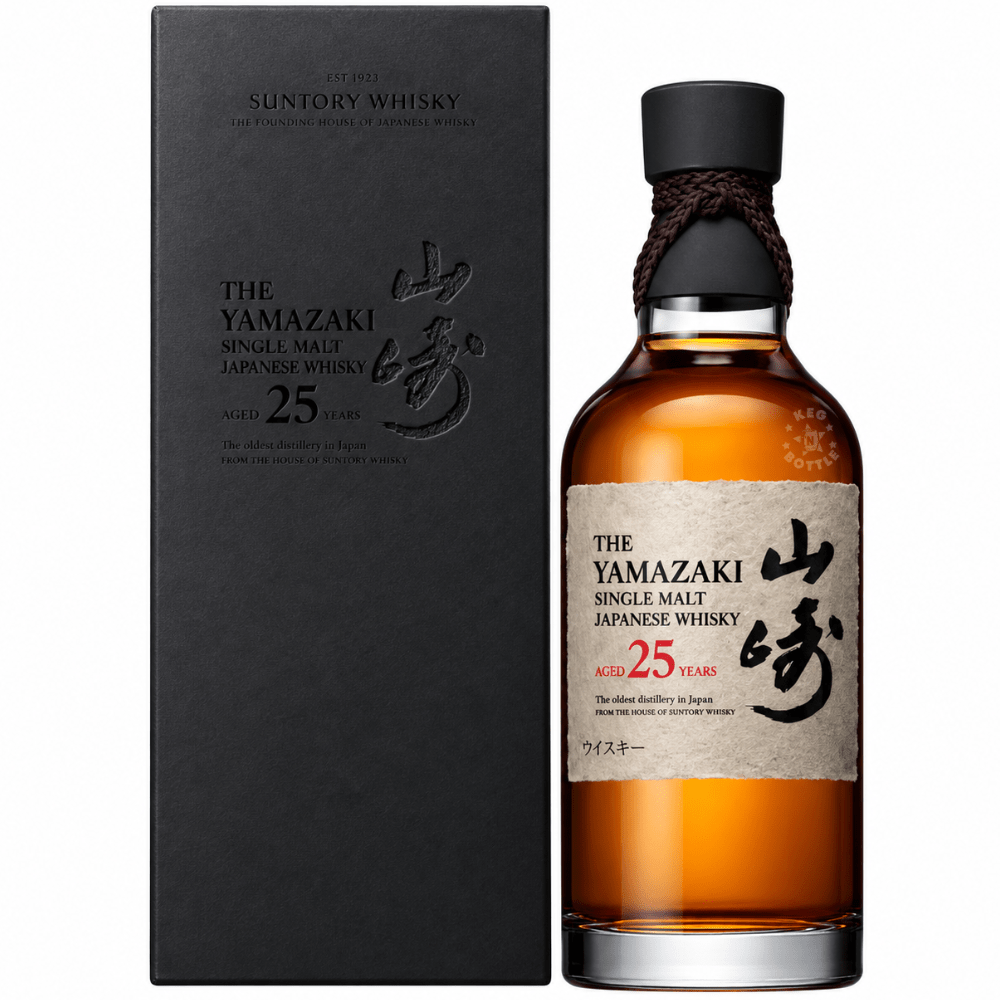 The Yamazaki 25 Year Mizunara Cask Single Malt Japanese Whisky 750mL bottle with collector’s presentation box.