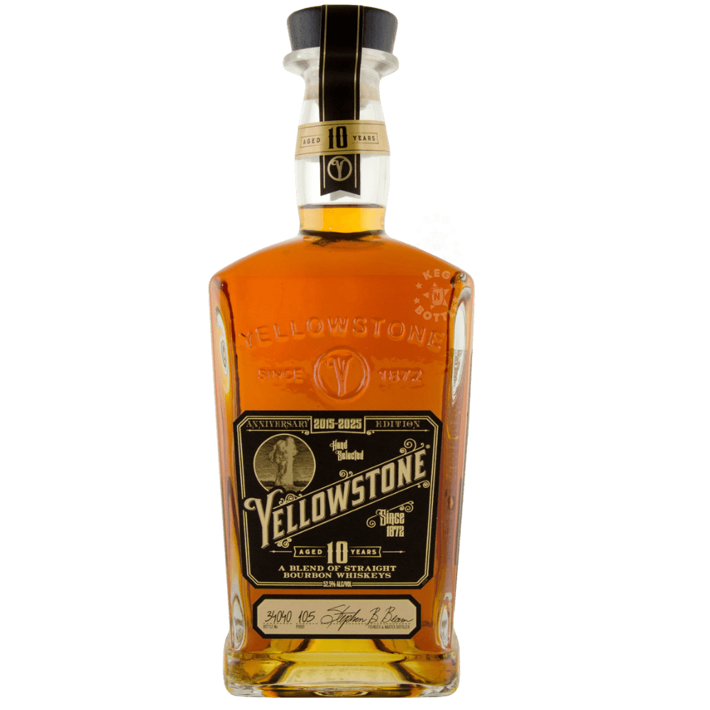 Bottle of Yellowstone 10 Year Anniversary Limited Edition Bourbon 2025 with black and gold anniversary label and amber bourbon whiskey
