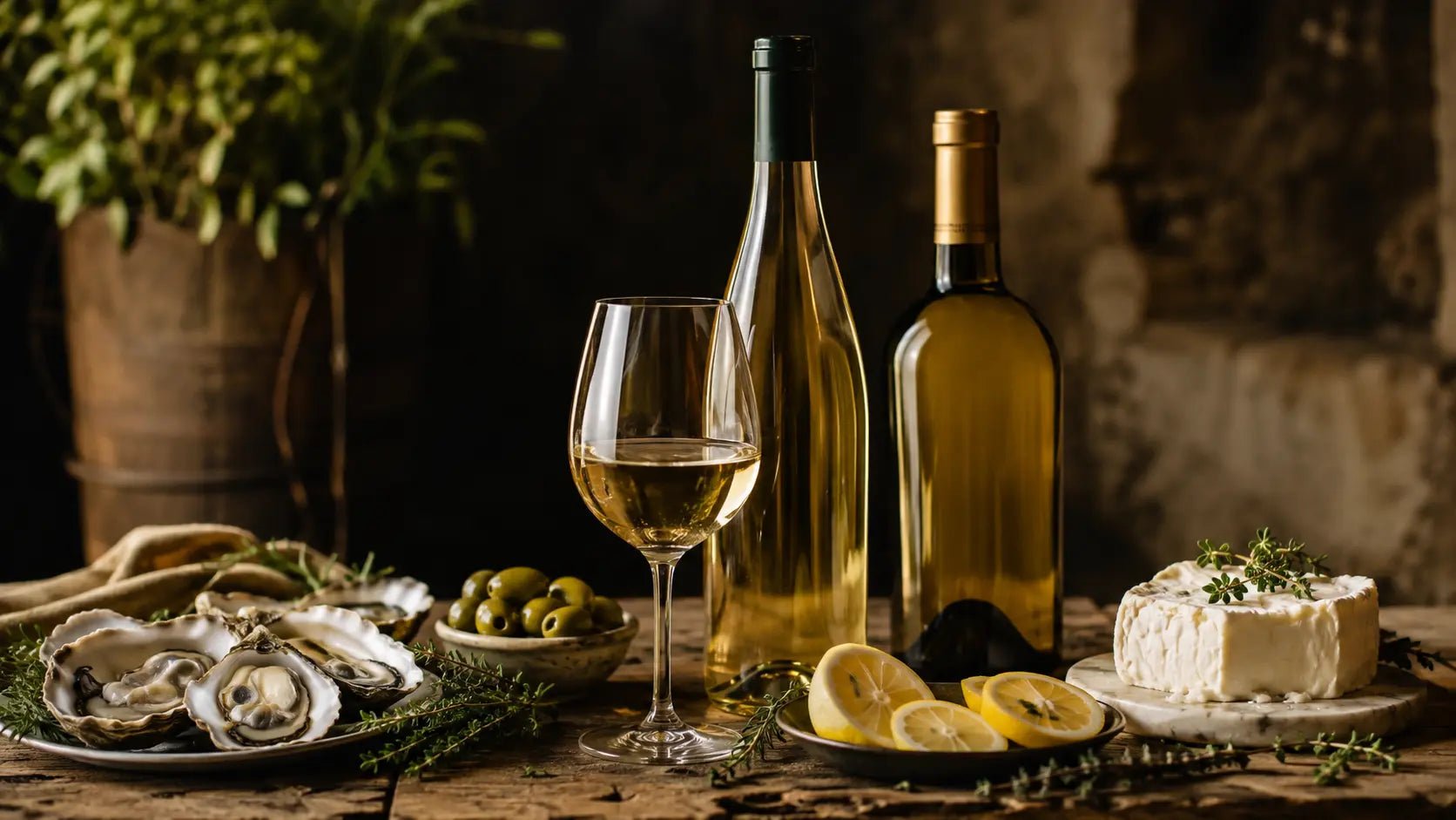 Glass of dry white wine with two bottles, fresh oysters, goat cheese, olives and lemon on a rustic wooden table in warm light