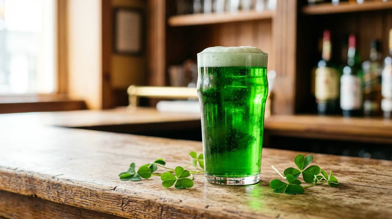 A pint glass of bright green beer with a foamy head on a wooden bar, surrounded by shamrock leaves, perfect for St. Patrick's Day