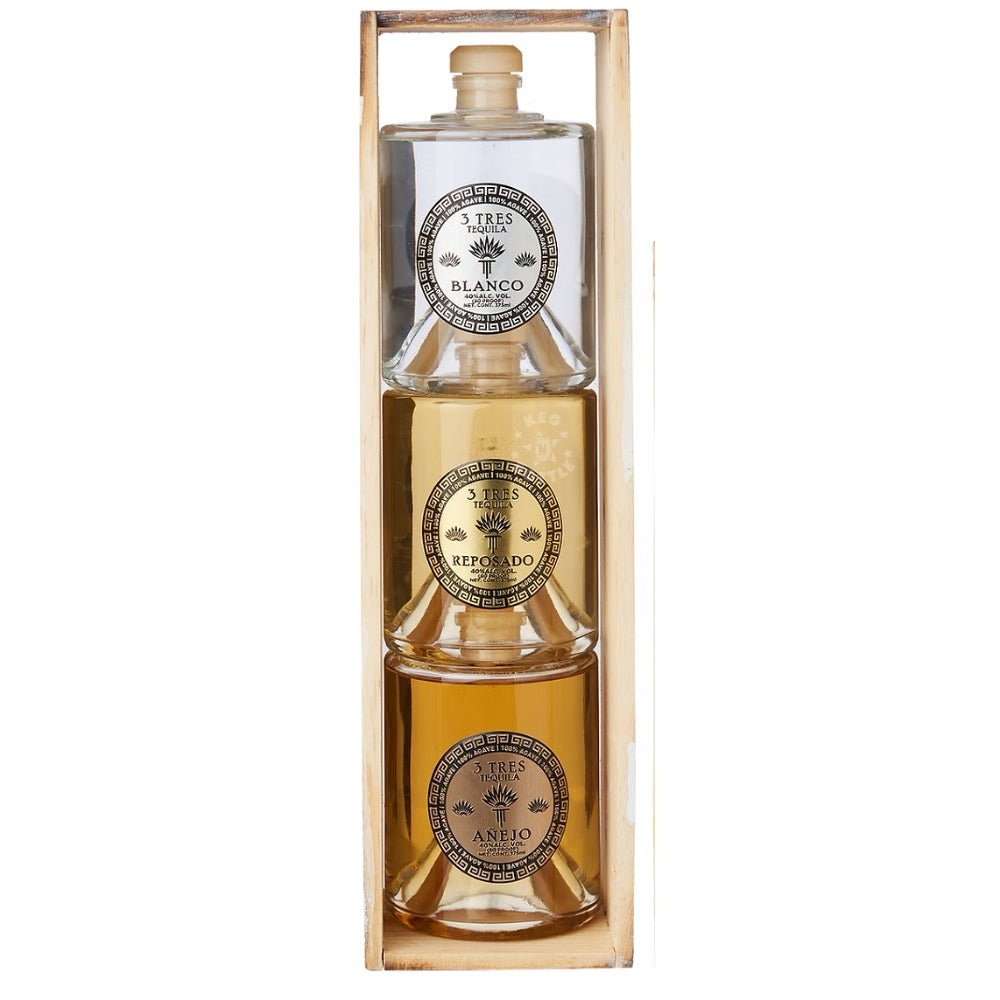 3 Tres Tequila trio gift set with Blanco Reposado Anejo bottles in wooden wooden display 3x375ml