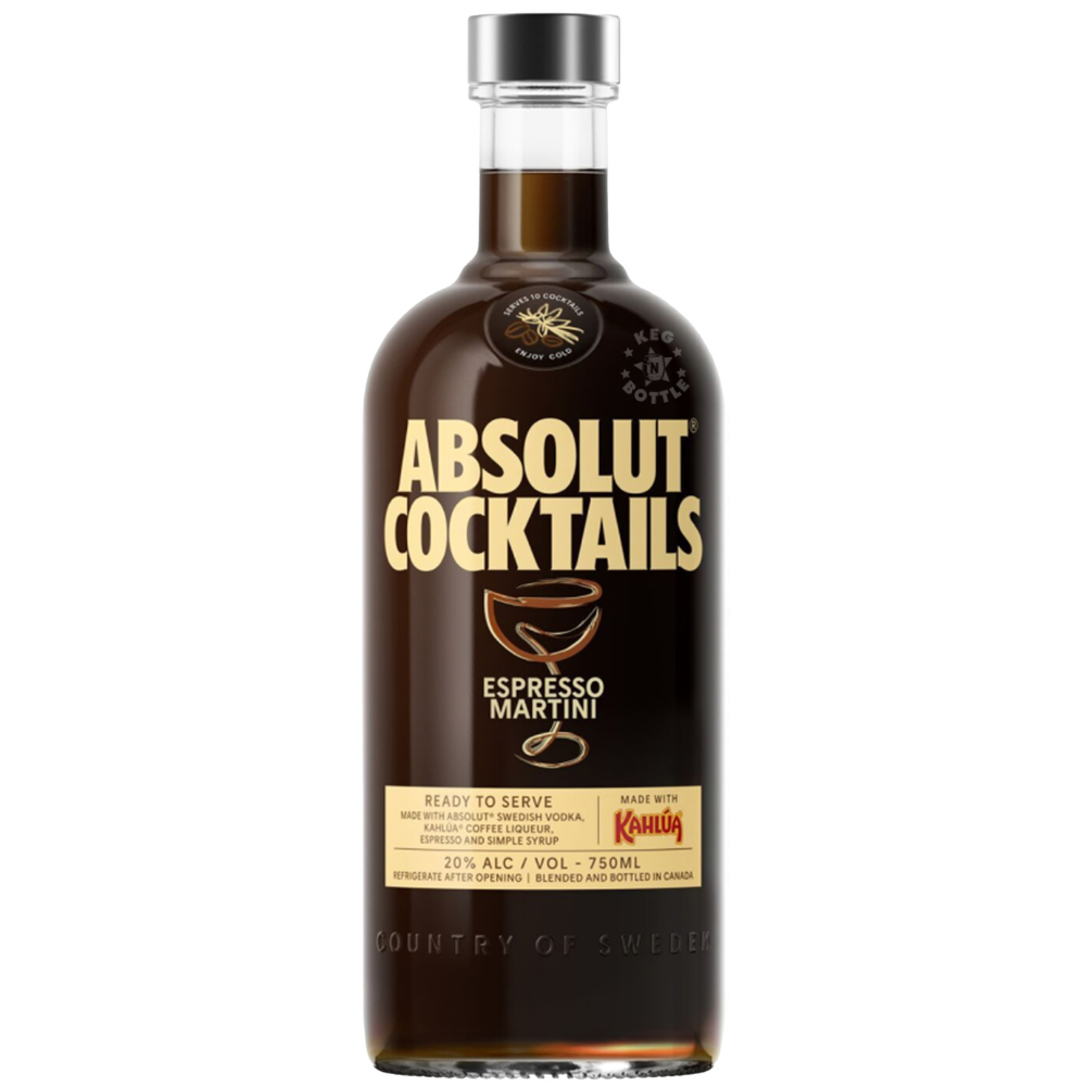 Absolut Espresso Martini Ready-to-Serve Cocktail 750mL bottle with dark coffee-colored liquid, black and gold label, and silver cap.