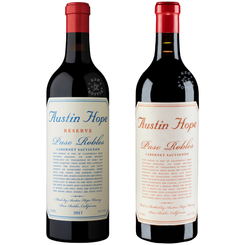 Austin Hope Cabernet Sauvignon Collection Combo Pack featuring Austin Hope Cabernet Sauvignon 750ml and Austin Hope Reserve Paso Robles Cabernet Sauvignon 750mL bottles.