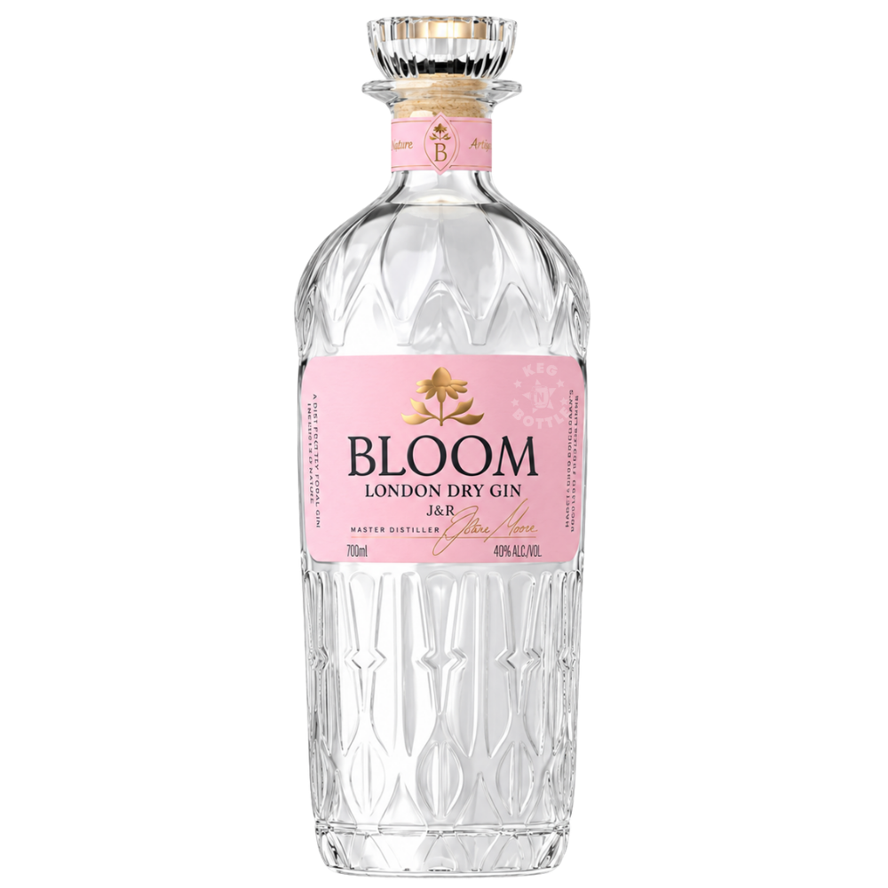 BLOOM London Dry Gin J&R 700mL bottle at 41.8% ABV with pink label and embossed glass design.