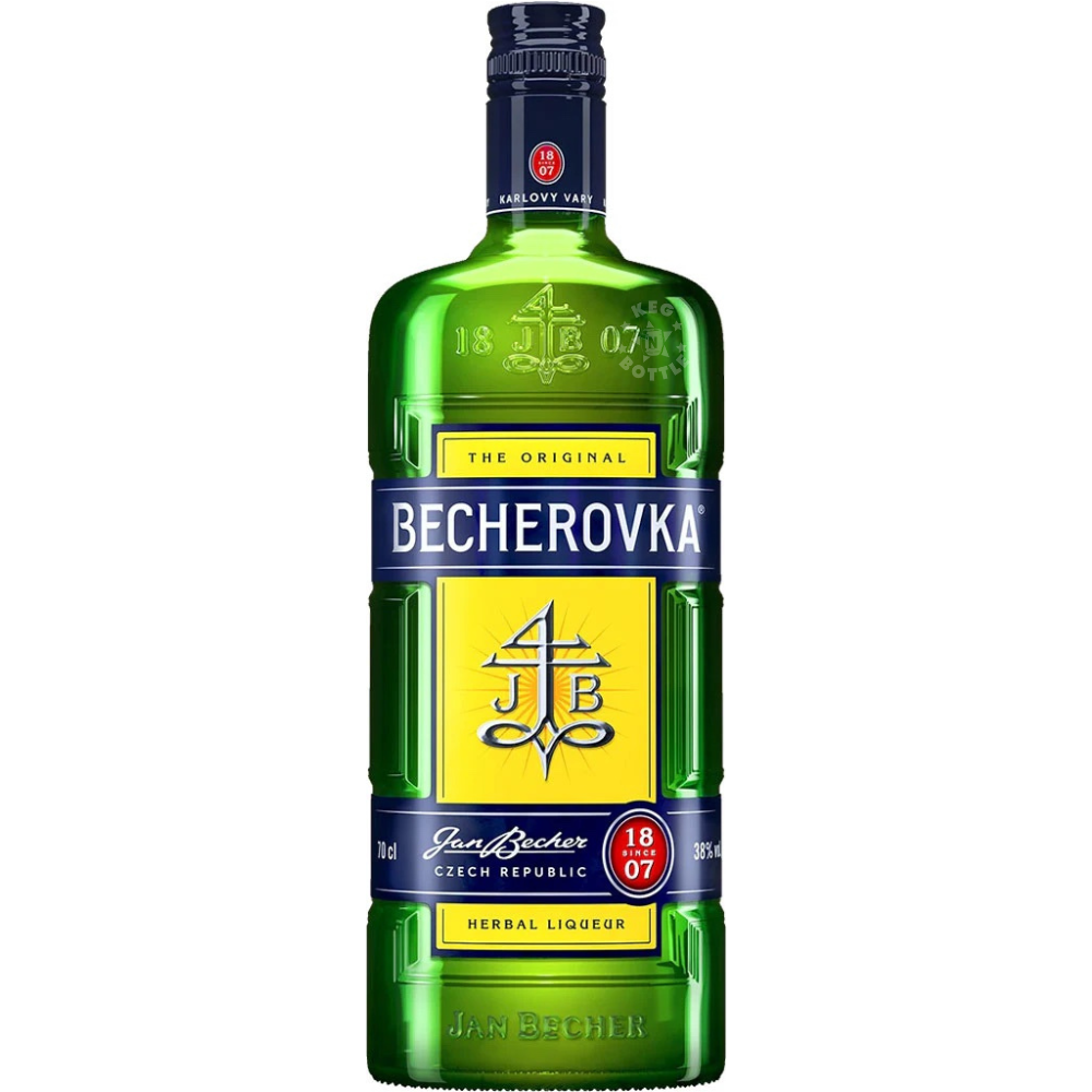 Becherovka Original Herbal Liqueur 700mL green bottle from Karlovy Vary, Czech Republic, bottled at 38% ABV and 76 proof.
