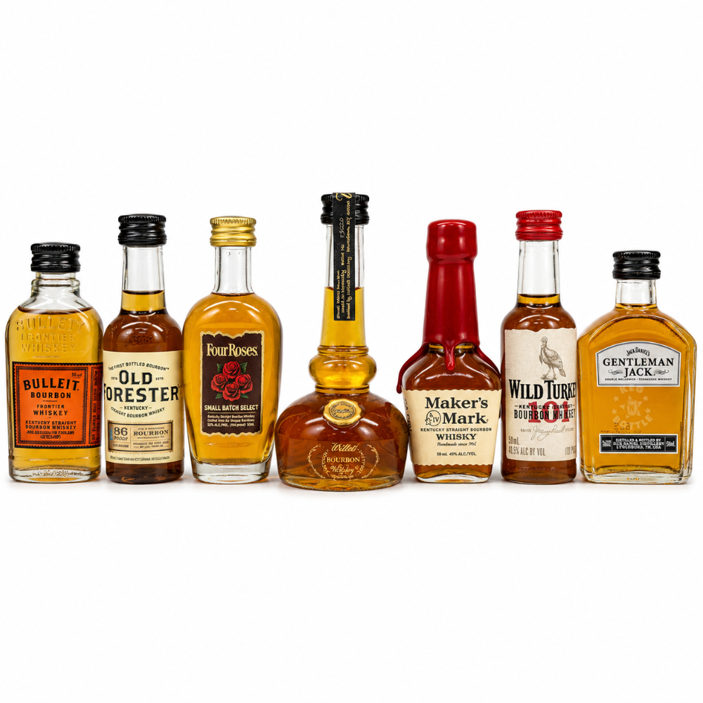 Bourbon Travel Pack featuring seven 50mL miniature bottles including Bulleit Bourbon, Old Forester, Four Roses Small Batch Select, Willett Pot Still Reserve, Maker's Mark, Wild Turkey, and Gentleman Jack Tennessee Whiskey.