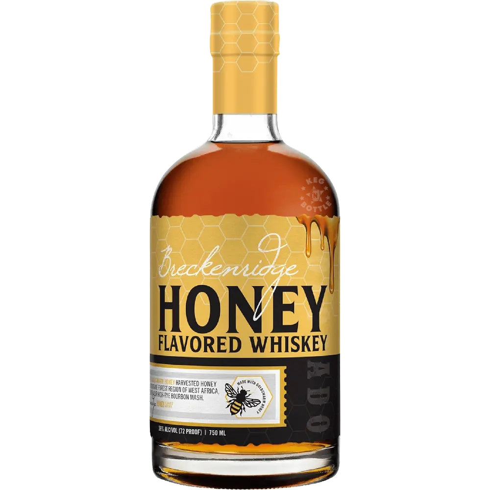 Breckenridge Honey Flavored Whiskey 750mL bottle made with aged bourbon and rare rainforest honey, bottled at 72 proof.