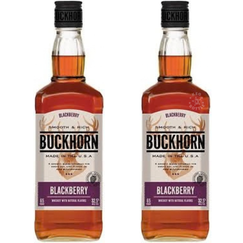 Buckhorn Blackberry Flavored Whiskey 2-Pack featuring two 750mL bottles of amber-colored blackberry whiskey with a distinctive purple blackberry label.