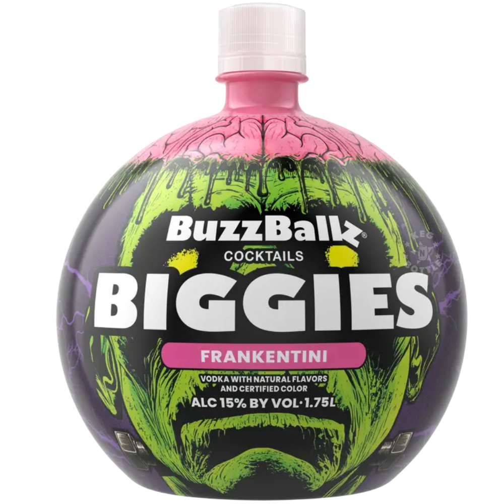 BuzzBallz Biggies Frankentini Halloween ready-to-drink cocktail 1.75L with Frankenstein-inspired green and pink packaging.
