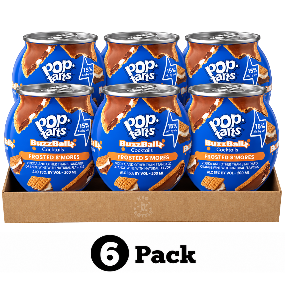 BuzzBallz Pop-Tarts Frosted S’Mores Cocktails 6-Pack with six 200mL ready-to-drink cocktails at 15% ABV.