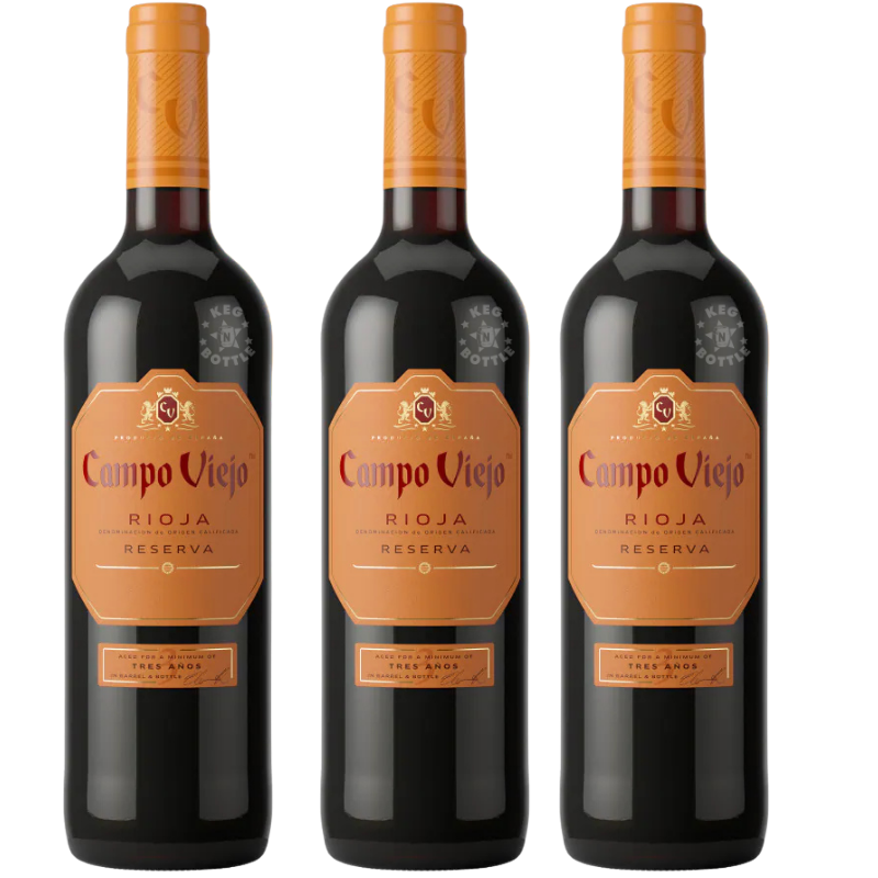Campo Viejo Rioja Reserva 2018 Combo Pack featuring three 750mL bottles of Spanish Rioja Reserva red wine.