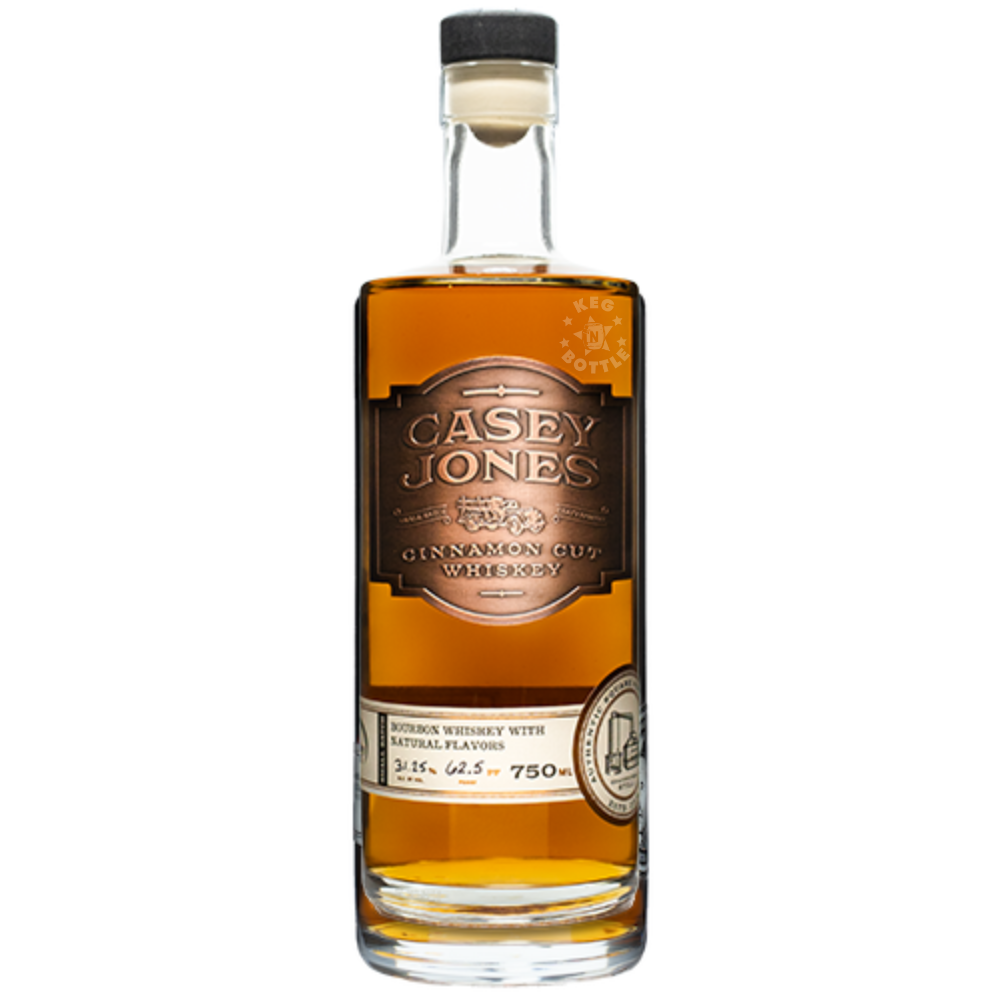 Casey Jones Distillery Cinnamon Cut Bourbon Whiskey 750mL bottle featuring an embossed copper-colored label and amber whiskey.