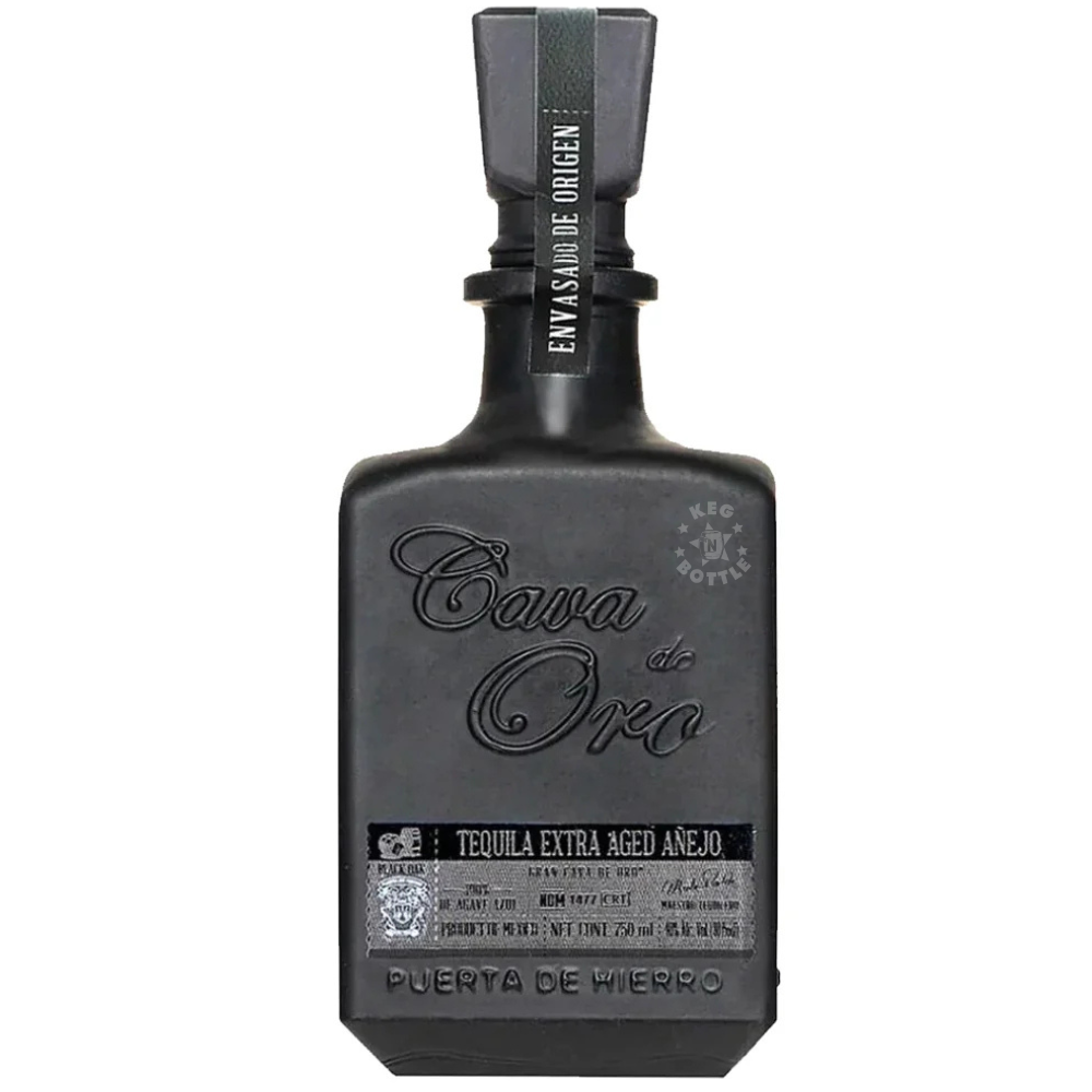 Cava de Oro Extra Aged Añejo Black Tequila 750mL presented in a distinctive matte black bottle.