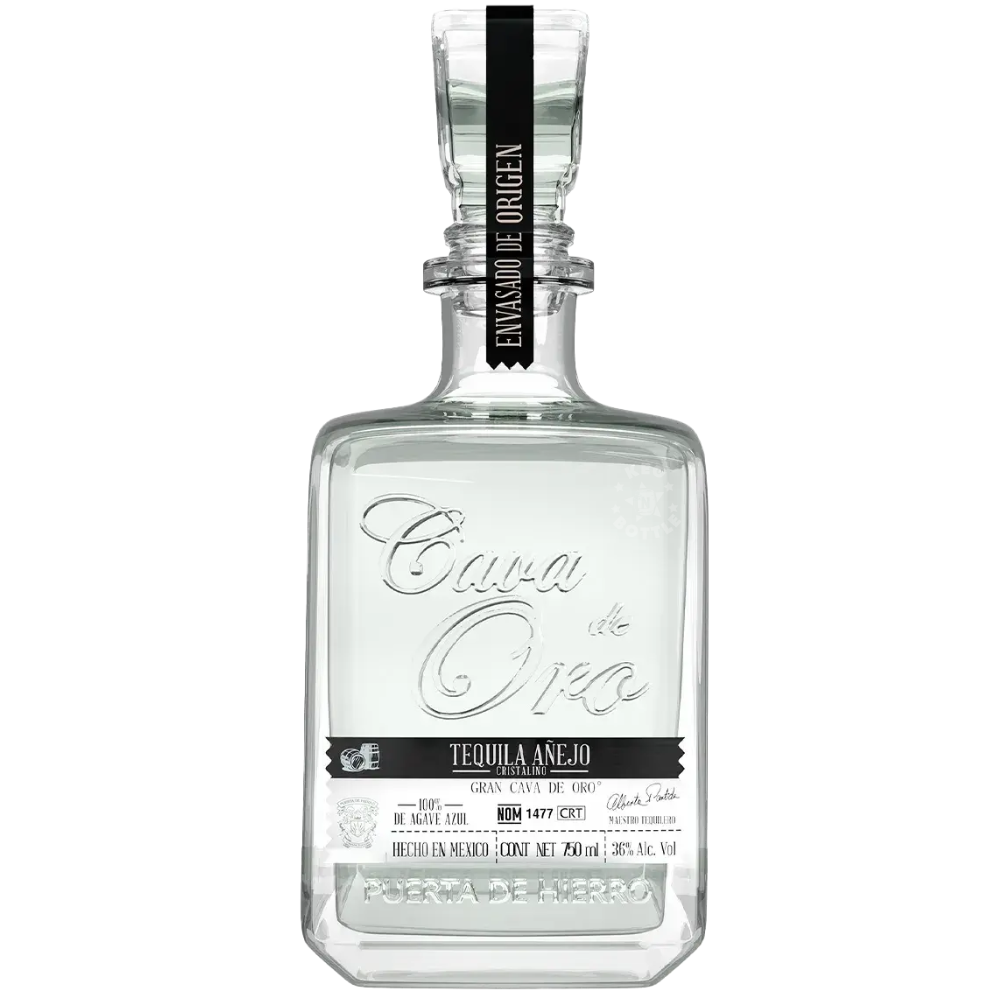 Cava de Oro Tequila Añejo Cristalino 750mL in a clear premium decanter-style bottle with black label and stopper.