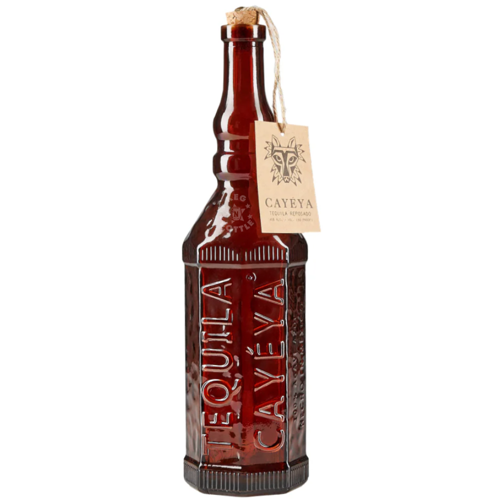 Cayeya Tequila Reposado Single Barrel 750mL bottle featuring amber tequila, embossed CAYEYA lettering, a cork closure, and a decorative branded hang tag.
