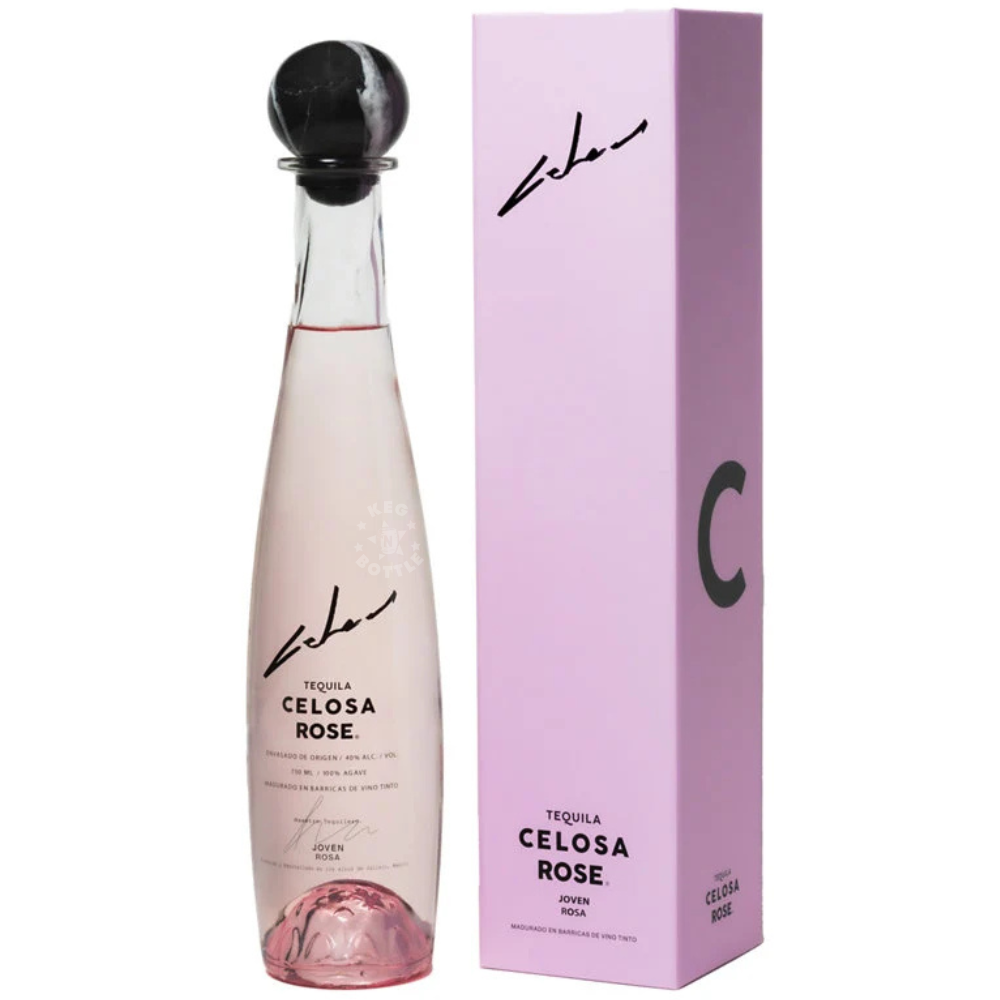 Celosa Rose Joven Rosa Tequila 750mL bottle featuring pale pink tequila, a black spherical stopper, elegant Celosa branding, and a matching pink presentation gift box.