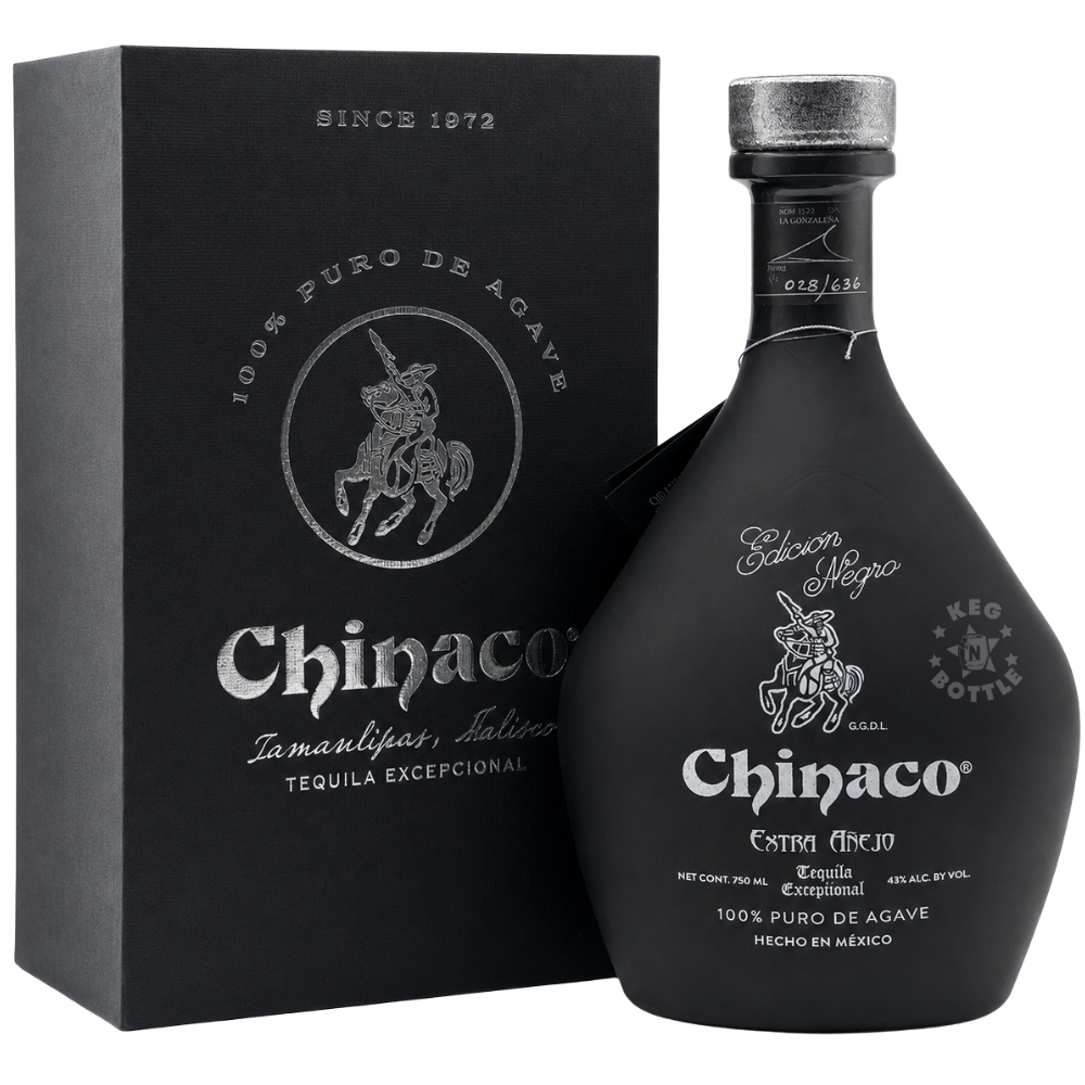 Chinaco Extra Anejo Tequila 750mL limited-edition bottle with gift box, aged 5 to 6 years and crafted from 100% Blue Weber Agave in Tamaulipas, Mexico.