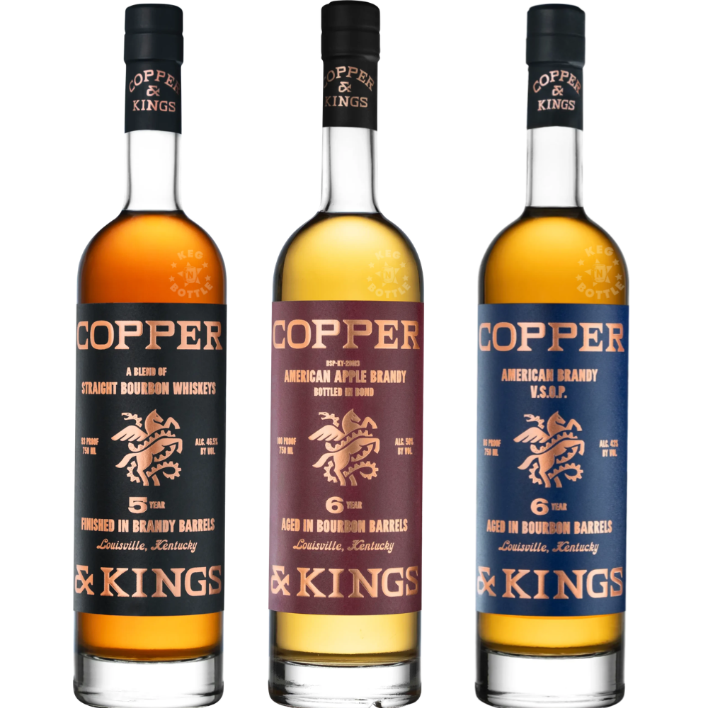 Copper & Kings three-bottle combo pack featuring 5 Year Brandy Barrel Finished Bourbon, 6 Year Bottled in Bond Apple Brandy, and 6 Year American Brandy VSOP, 750mL each.