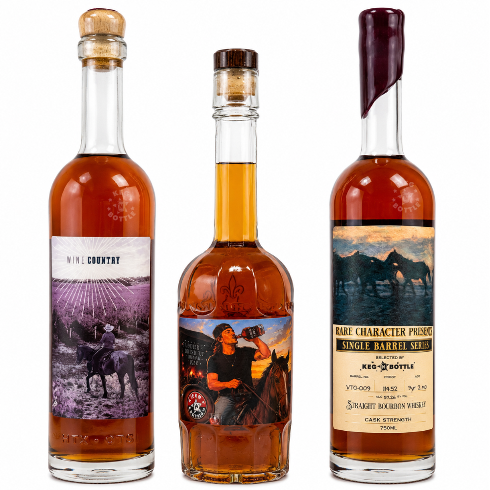 Country Combo Pack featuring Wine Country Bourbon, Keg N Bottle It's Country Single Barrel Bourbon, and Rare Character Presents Single Barrel Series Cask Strength Bourbon, three 750mL bourbon bottles.
