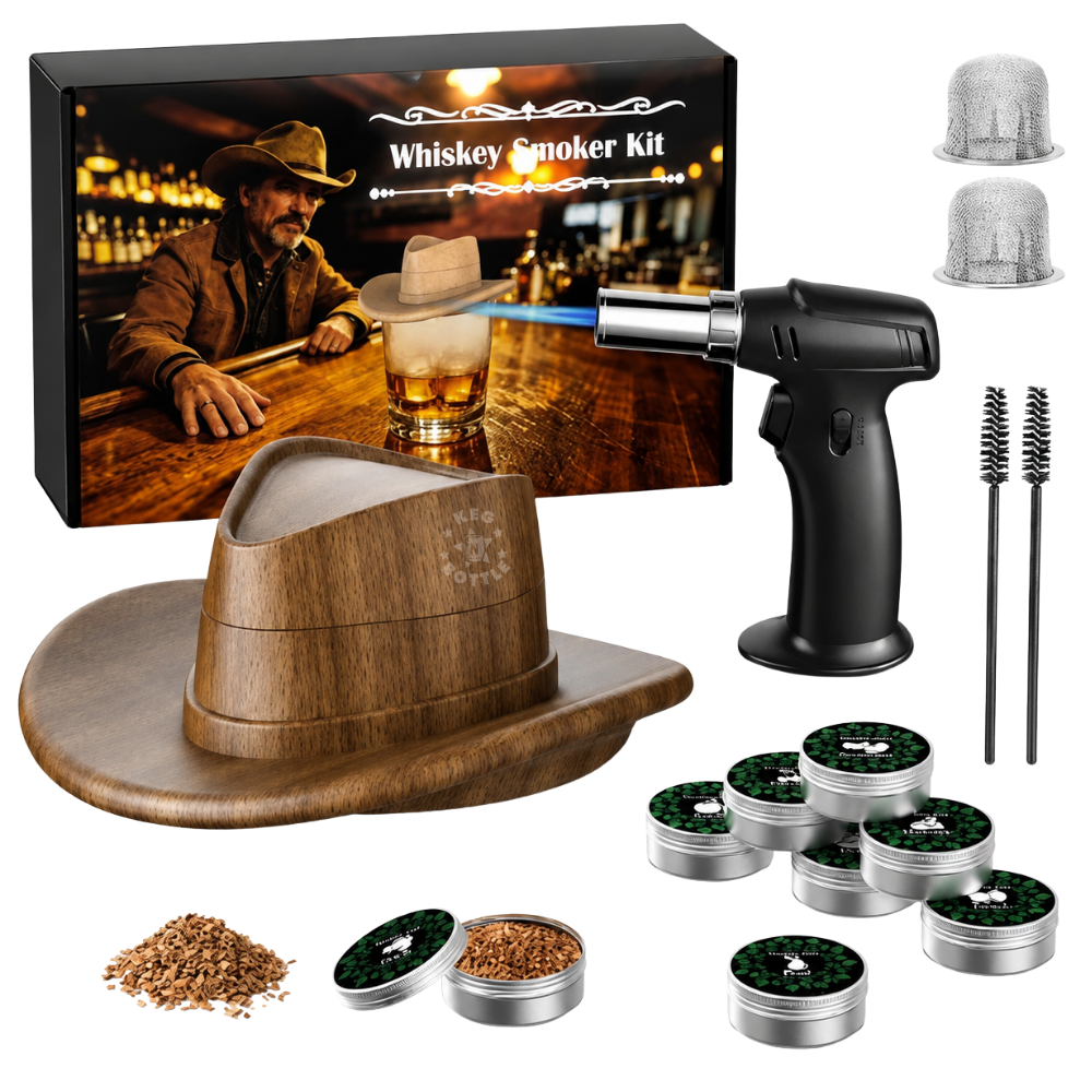 Cowboy Smoker Kit with Torch featuring a cowboy hat-shaped cocktail smoker, handheld torch, smoking wood chips, metal screens, cleaning brushes, and accessories. 2
