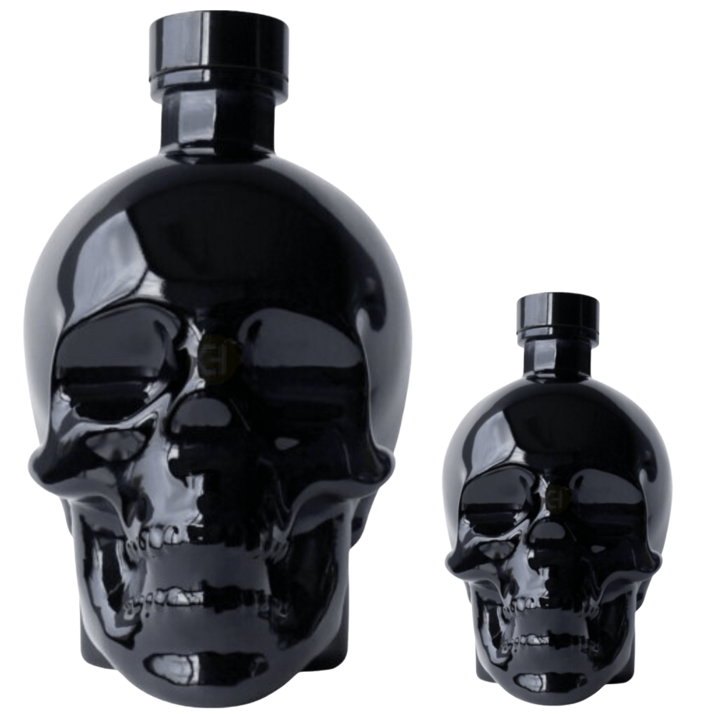 Crystal Head Onyx Blue Agave Vodka Gift Set featuring 750mL and 50mL black skull bottles.