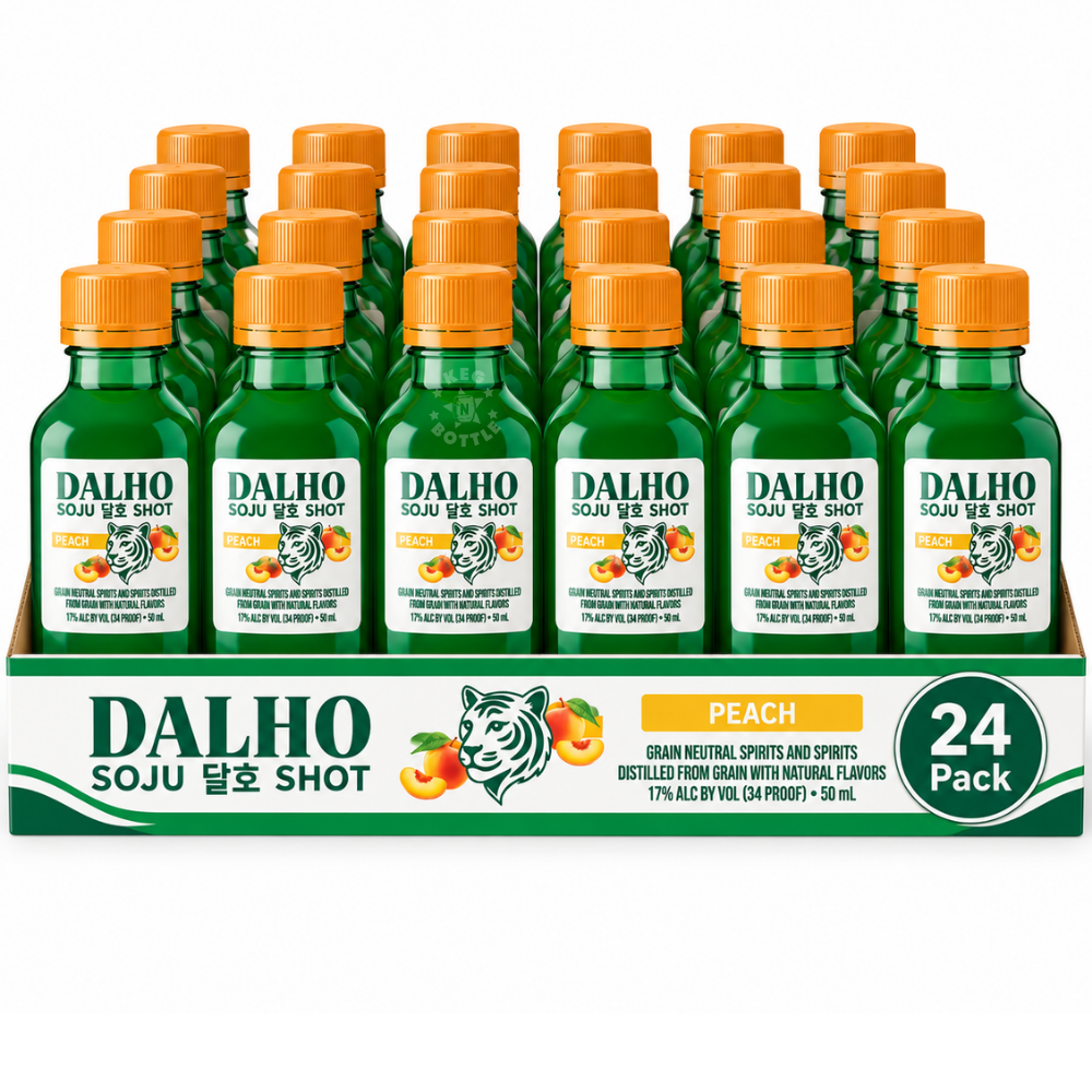 Dalho Peach Soju Shot 24-Pack featuring 24 individual 50mL mini bottles of peach flavored soju.