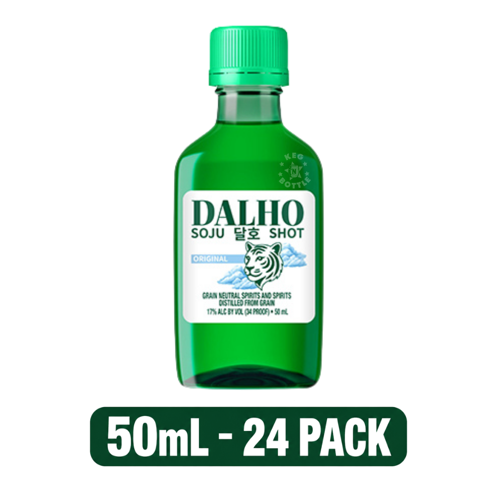Dalho Soju Shot 24-Pack featuring 24 individual 50mL mini soju bottles.