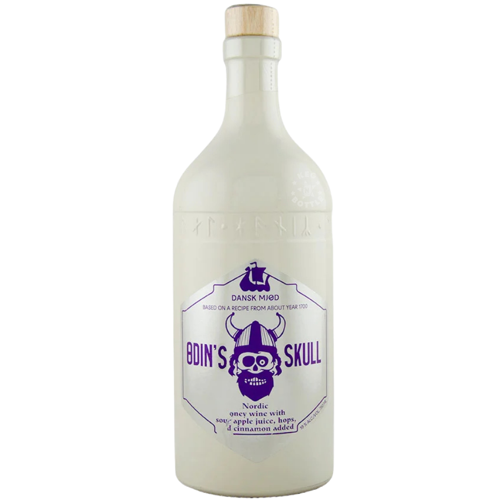 Dansk Mjød Odin’s Skull Nordic Honey Wine 750mL with sour apple juice, hops and cinnamon.