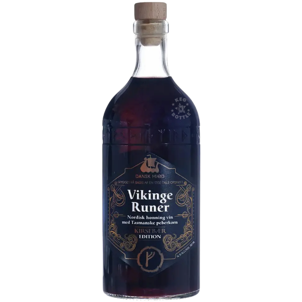 Dansk Mjød Viking Runes Kirsebær Edition Nordic Honey Wine 750mL with sour cherries and Tasmanian pepper.