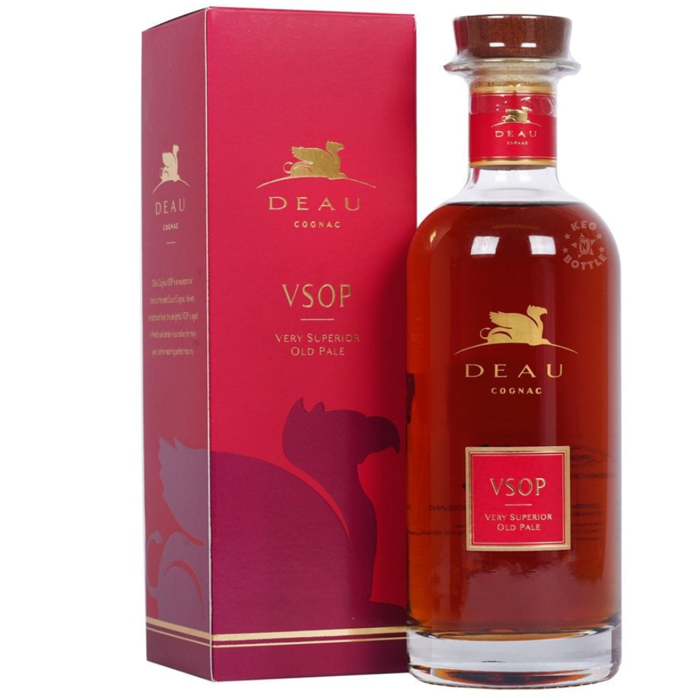 Deau VSOP Cognac 700mL bottle presented with red gift box | Keg N Bottle.