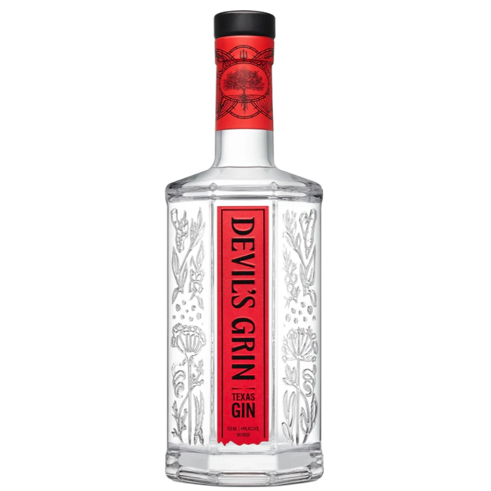 Devil's Grin Texas Gin 750mL bottle at 44% ABV and 88 proof with distinctive red label.
