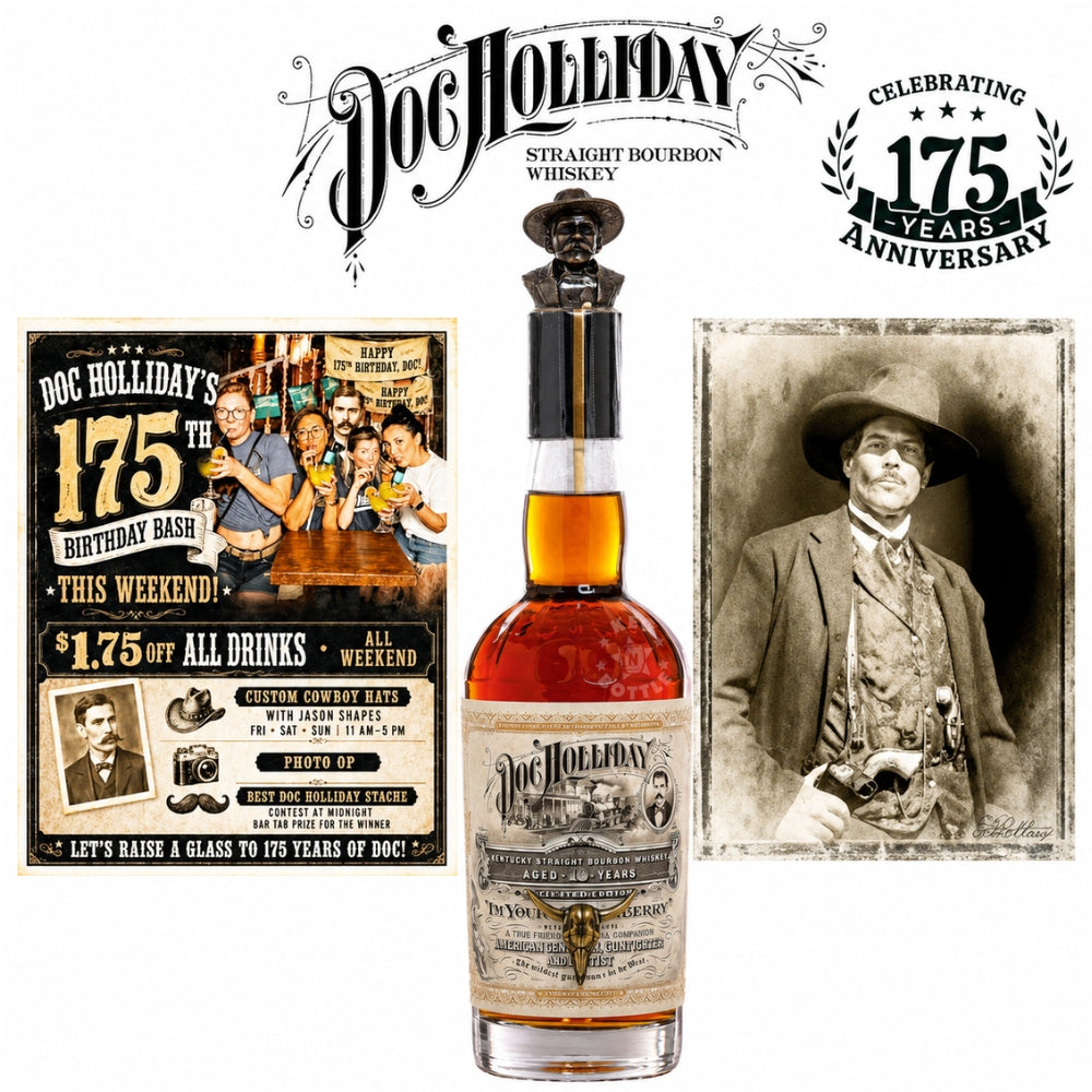 Doc Holliday 10 Year 175th Anniversary Kentucky Straight Bourbon Whiskey 750mL commemorative bottle with decorative Doc Holliday stopper. 2
