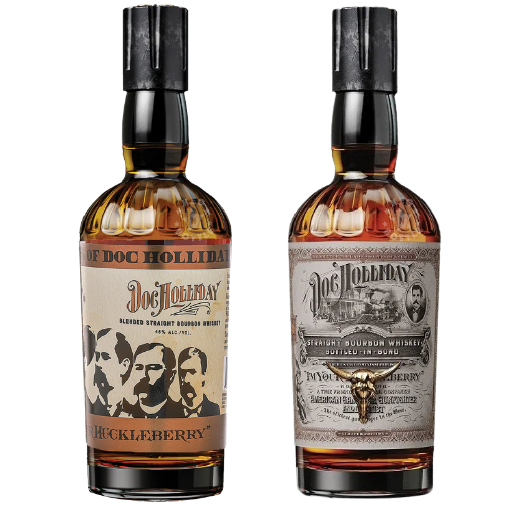 Doc Holliday Bottled in Bond bourbon and Huckleberry blended bourbon whiskey bottles with vintage western labels