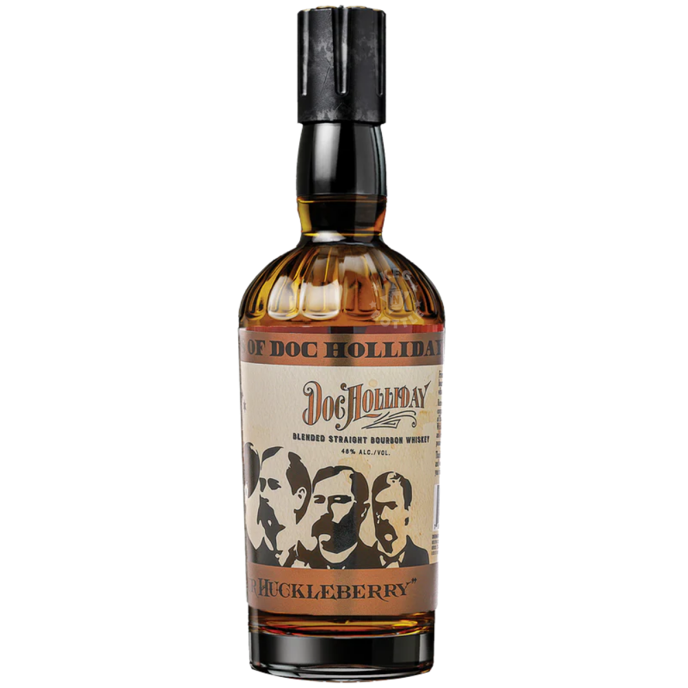 Doc Holliday Huckleberry blended bourbon whiskey bottle with western themed label featuring historic figures